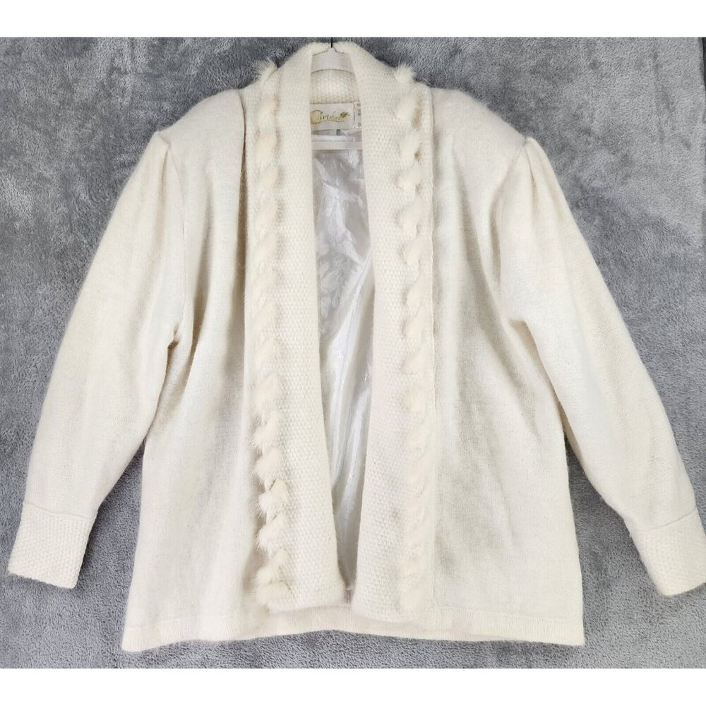 Carte Cardigan Womens Medium Cream Rabbit Hair Open Front Long Sleeve Vintage